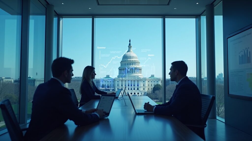 Kalshi executives in a sleek Washington D.C. office, Capitol dome visible, with holographic prediction-market charts.