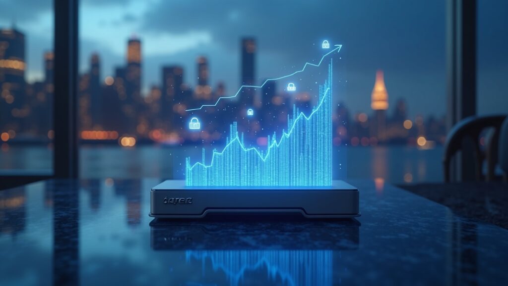Ledger targets 4 billion through its Ledger initial public offering in New York Photorealistic Ledger hardware wallet on a glossy desk with NYC skyline, holographic security icons, and a rising IPO chart.