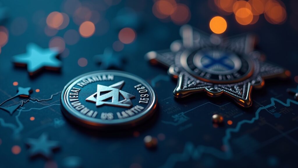 Close-up of a Solana wallet icon, a 97% drop chart, and a US Marshals badge with the LICK symbol in focus.