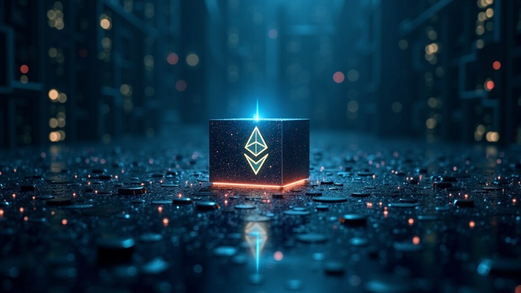 Photorealistic scene of interlocking vaults and validator nodes, signaling Ethereum staking for institutions and L2s