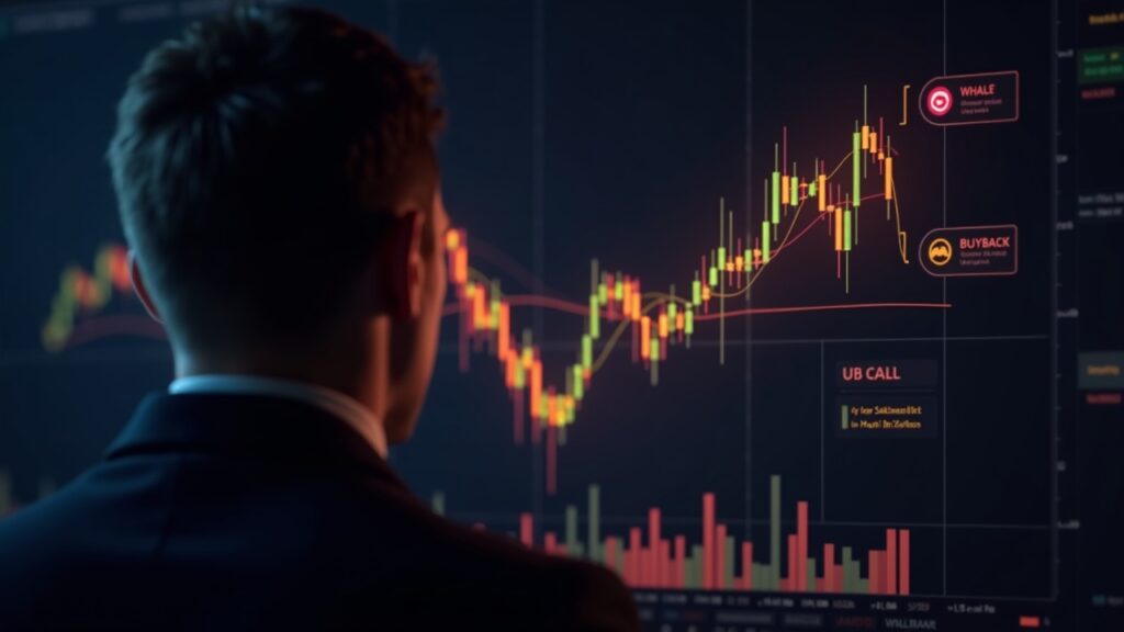 Photoreal header showing a trader analyzing a glowing LIT chart with a head-and-shoulders pattern and buyback/whale icons.