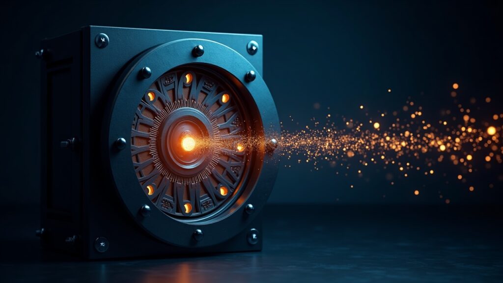 Photorealistic bank vault morphing into a glowing digital ledger with real-time DiSH token transfers on a large wall screen.