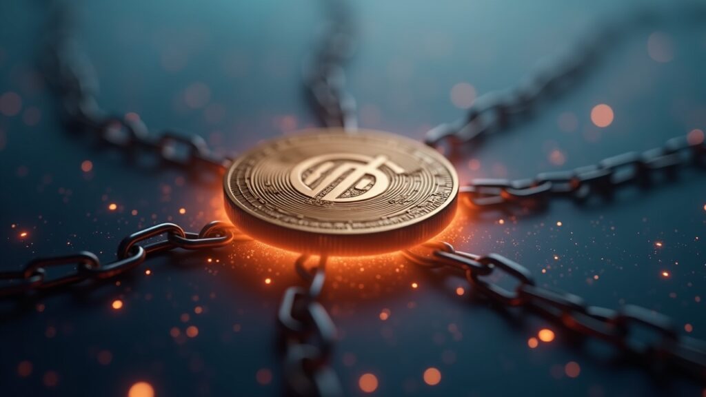 Monero climbs to new high of $687 as crypto surveillance tightens Photorealistic Monero coin glowing in digital fog, breaking surveillance chains as a city skyline rises.