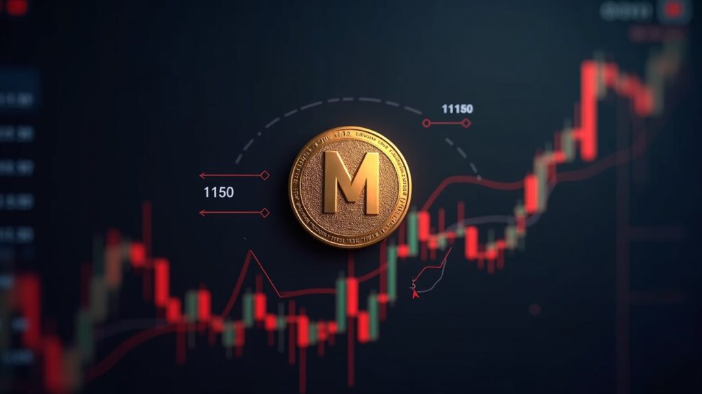Monero coin above a price chart with a pole-and-flag setup toward 1,150 and a red risk zone.