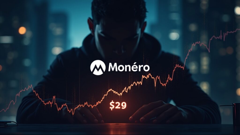 Monero holds $500 support despite rising risk as traders pull back positions Photoreal Monero logo above a price chart sliding from 524 to 489, with a shadowy regulator looming in the background.