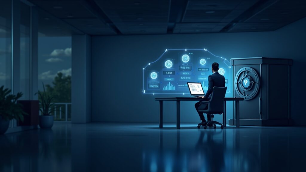 Institutional trader in a modern office with holographic BTC/ETH tokens and a secure custody vault interface.