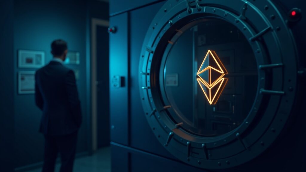 Morgan Stanley files S-1 with SEC for Ethereum Trust Photorealistic header: modern vault, glowing ETH logo on glass, central suited figure, blue newsroom lighting.