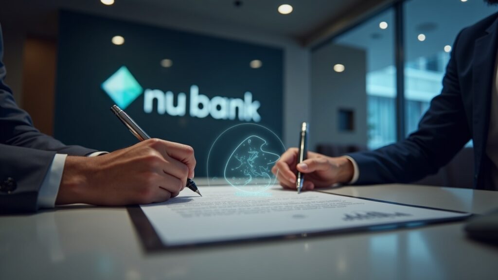 Nubank receives conditional approval to create its own bank Realistic bank lobby with Nubank branding, a crypto custody hologram, and a charter document being signed