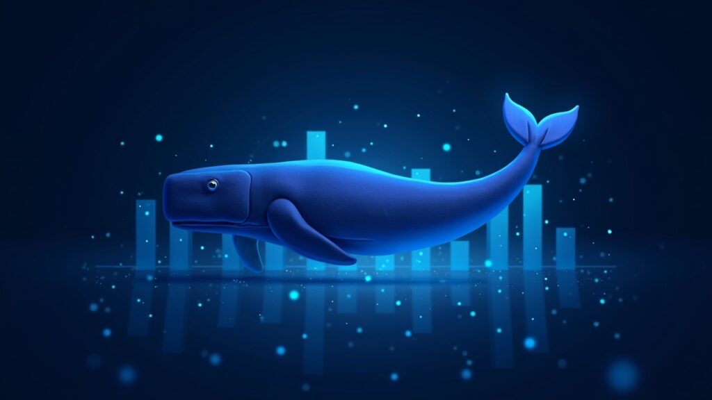 Photoreal header with Onyxcoin logo at center, bullish flag chart, and a whale silhouette formed by data streams with blue glow.