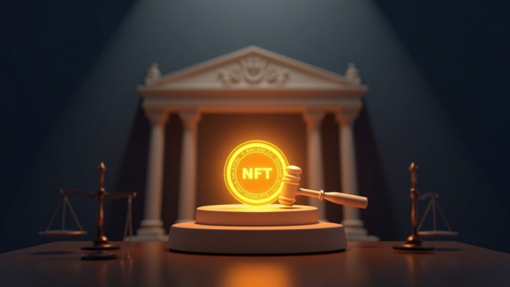 The US Department of Justice defines crypto as industrial fraud infrastructure after recording 16 billion dollar losses Photorealistic courthouse scene with a glowing NFT token, blockchain nodes, and market signals conveying regulatory clarity.