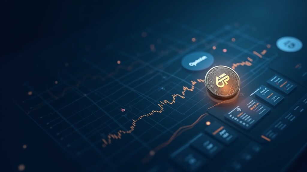 Photorealistic OP token centered with Optimism branding beside a dashboard of buyback metrics and governance votes
