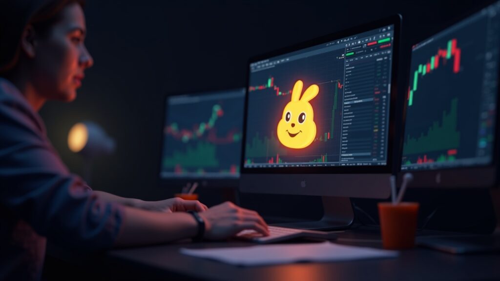 Photorealistic crypto desk with a trader examining a price chart and a Pepe-style token symbol with rising arrows.