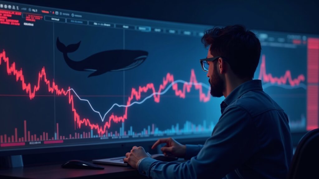 Photorealistic trader studying a neon price chart with RSI spikes and whale silhouettes signaling potential reversal