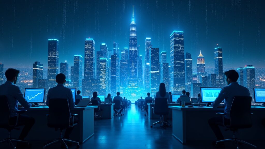 Futuristic blockchain cityscape with a central Perp DEX hub for lending, custody and exchange, traders in the foreground.