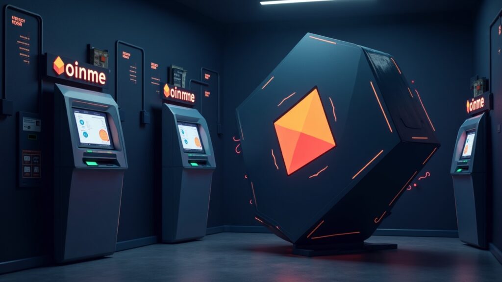 Photorealistic Polygon logo above Coinme ATMs, illustrating cash-to-crypto flow with regulatory warning.