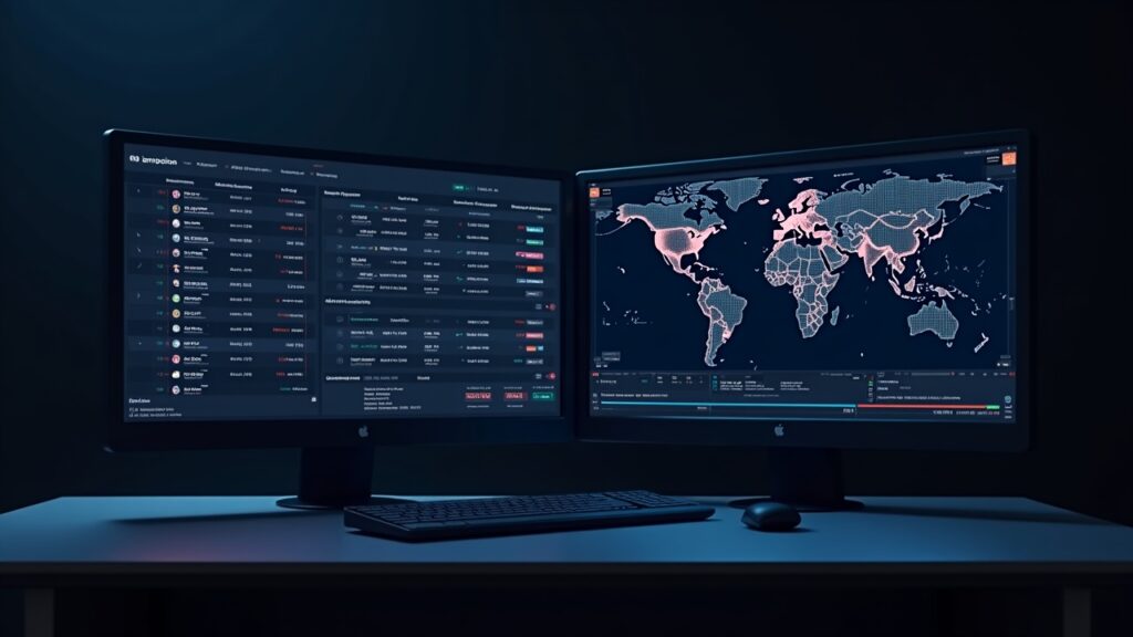 Photorealistic crypto trading desk with live odds on Iran and Maduro bets, amid information laundering concerns.
