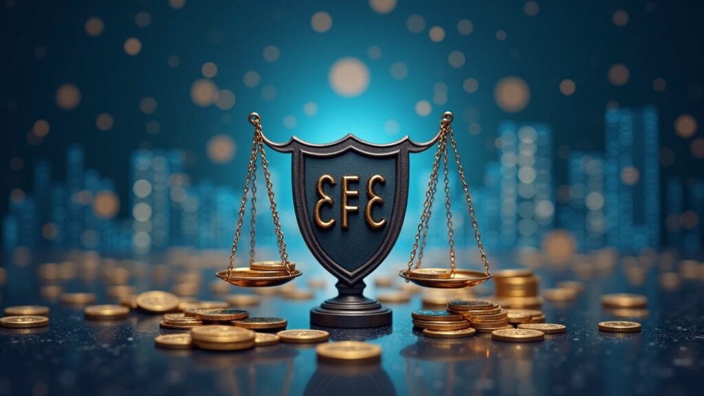 The SEC and CFTC join forces to create a single regulatory framework for digital assets in the United States Photorealistic scene with a central figure between SEC shield and CFTC scales, orbiting crypto tokens and a data skyline.