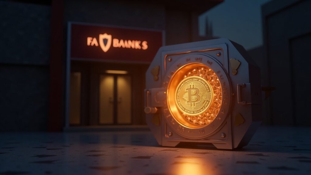 Photorealistic RAKBank branch with a glowing 1:1 dirham stablecoin token rising from a secured vault amid regulatory seals.