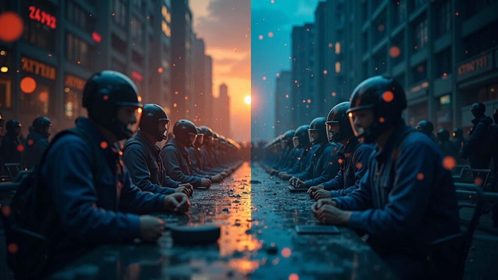 Photorealistic split image: regulators on one side and diverse traders with a live prediction-market UI.