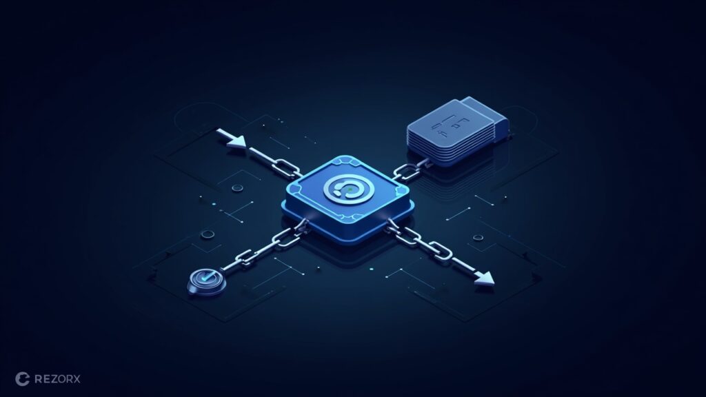 Photorealistic header: RezorEx central exchange with multi-chain wallet and cross-chain arrows to a secure vault.