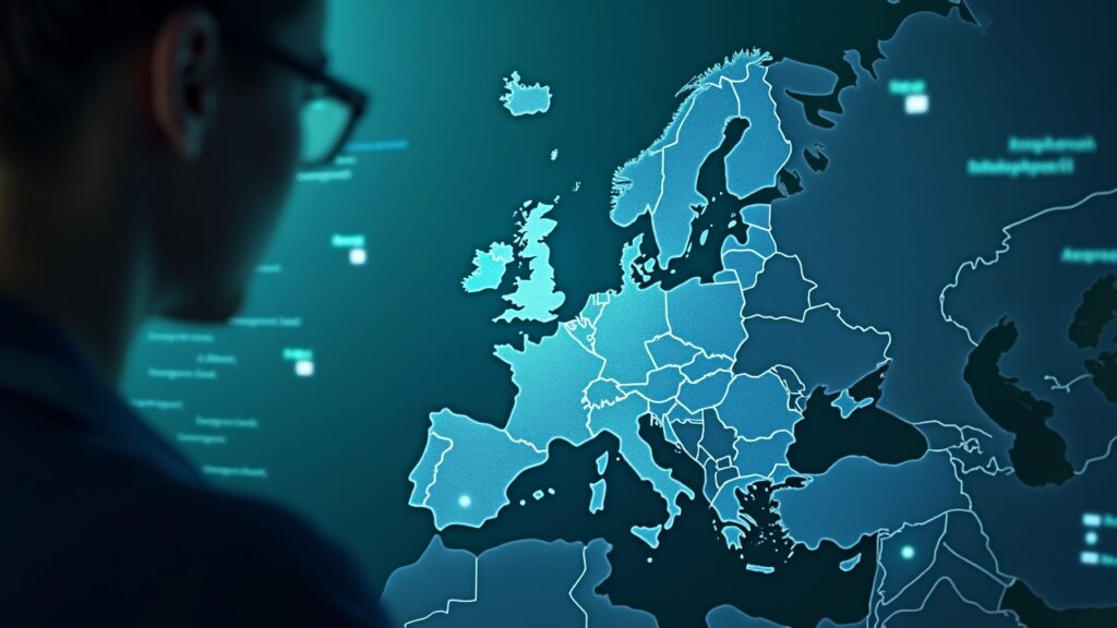 Photorealistic fintech analyst examines a holographic EU map highlighting Luxembourg with a green approval stamp and Ripple cross-border rails.