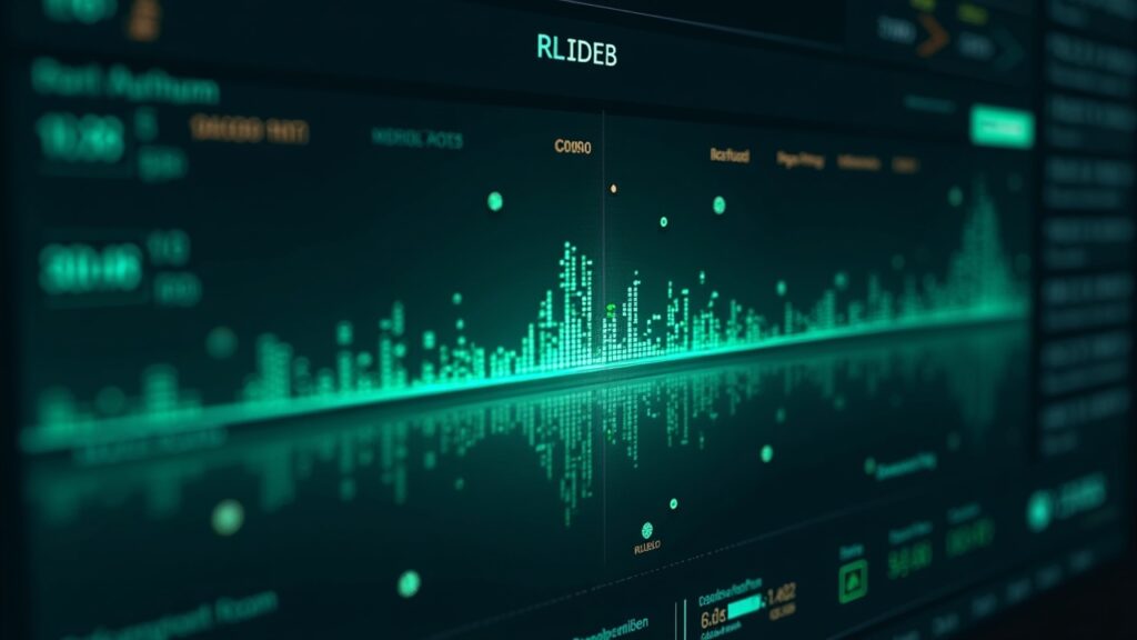 Futuristic treasury dashboard unifying fiat and digital assets with a glowing token bridge and RLUSD settlement.