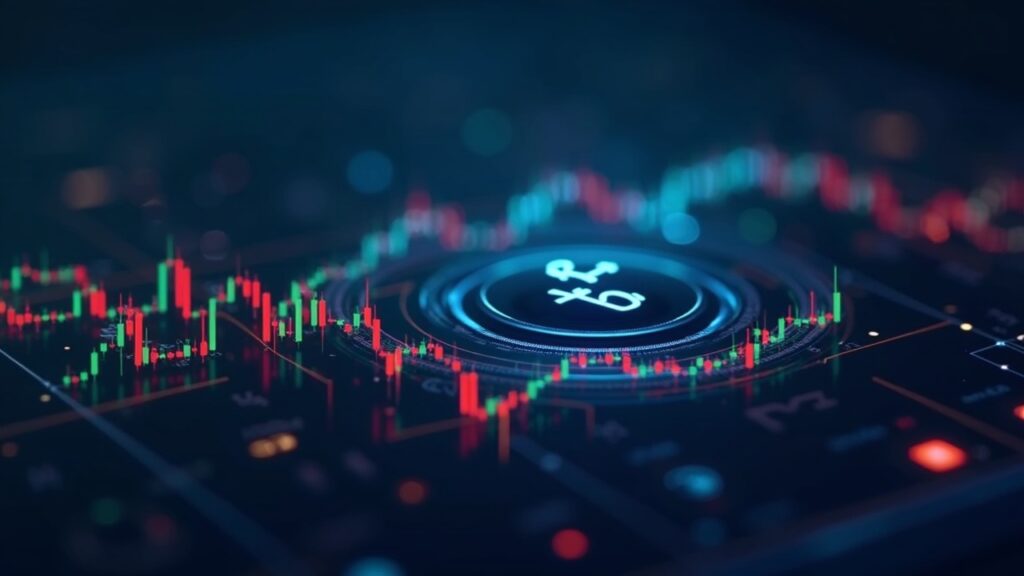 Photorealistic trading floor with Ripple and LMAX; RLUSD emblem glows along collateral rails.