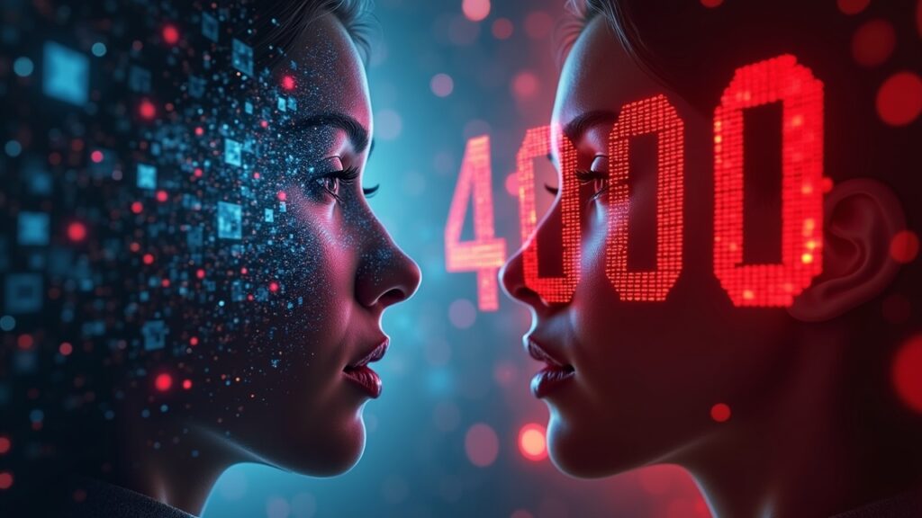 Photorealistic center portrait facing a glowing blockchain hub on one side and a red barrier labeled 4000 on the other.