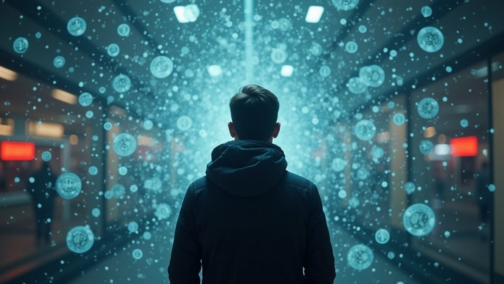 Photorealistic investor before glass barrier emitting tokens, with a Russia palette signaling restricted crypto access.