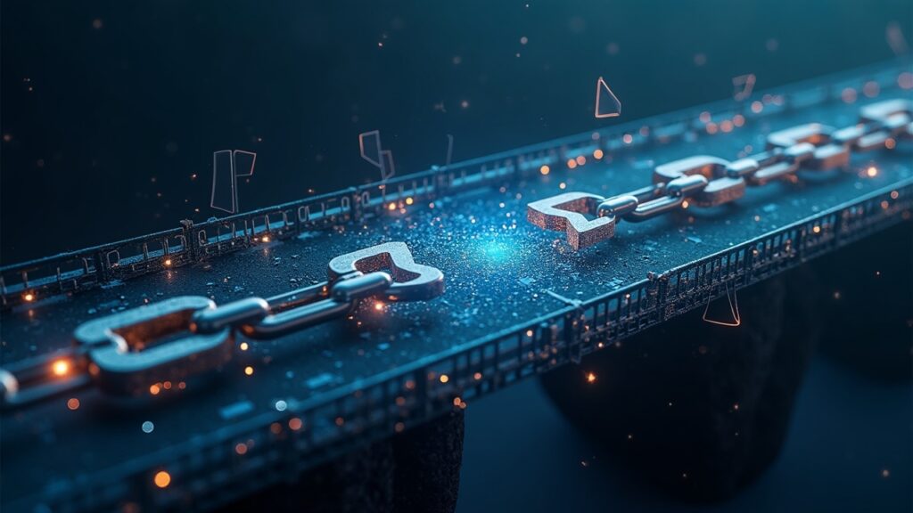 Photorealistic SagaEVM-Ethereum bridge with broken seals, streaming USDC and ETH, paused chainlet hologram.