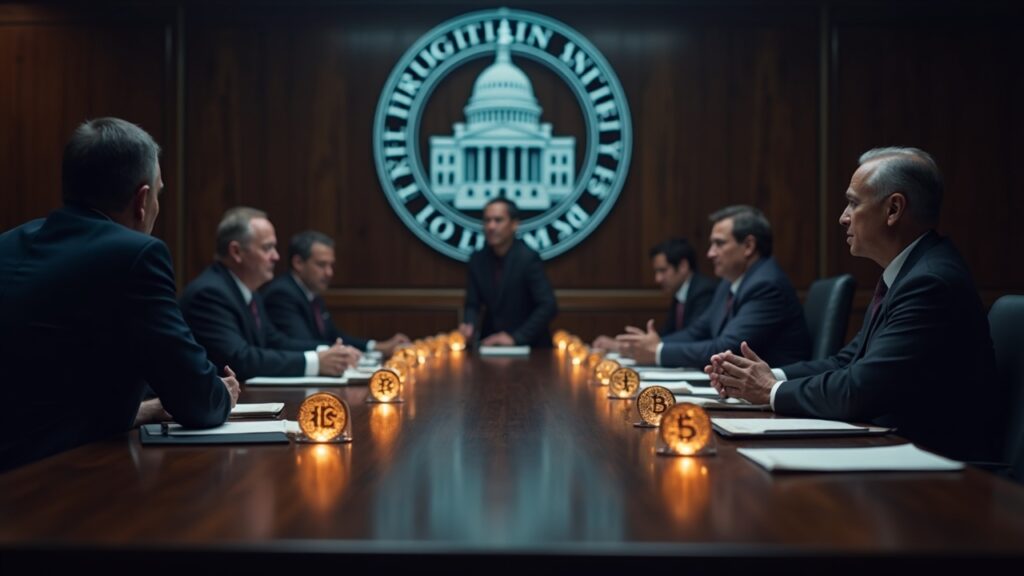 US Senate Agriculture Committee advances crypto market-structure bill Photorealistic scene of a Senate committee hearing on crypto market structure, glowing coins and CFTC emblem.