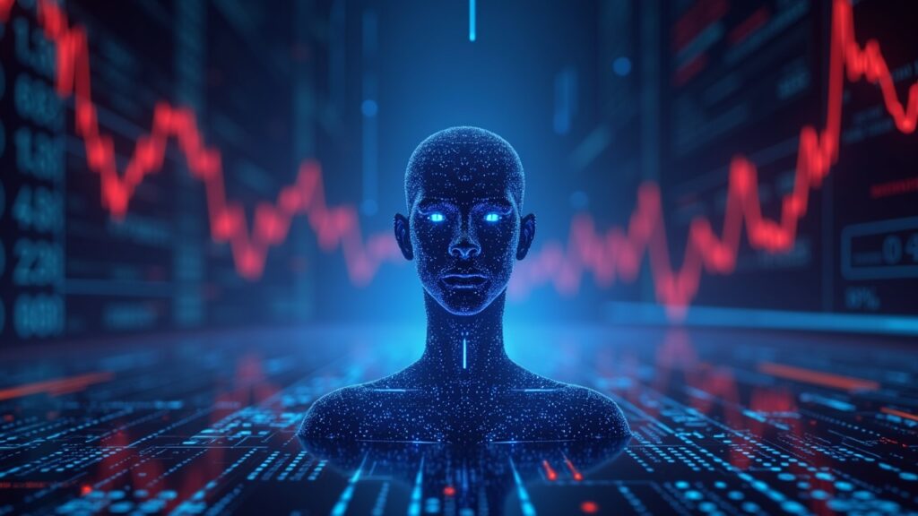 Photorealistic AI figure among neon blockchain nodes and rising tickers illustrating SENT rally and open-source AI.