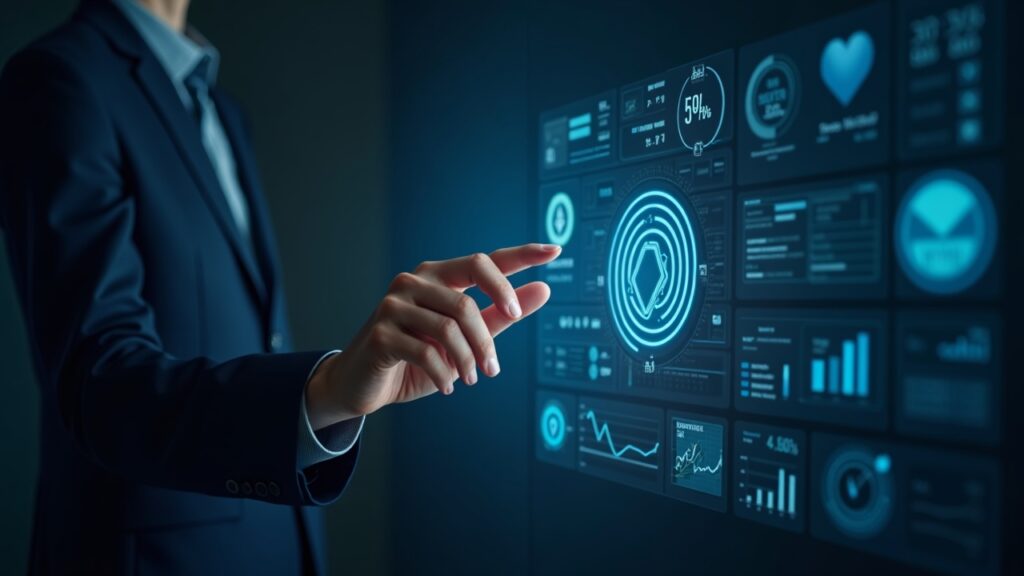 Corporate executive reviews a holographic dashboard displaying ETH, Linea staking icons, and yield charts.