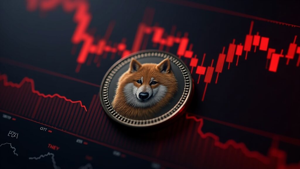 Shiba Inu profitable supply plunges 62% after SHIB price crash Photorealistic SHIB close-up with a market dashboard showing a 62% profitable-supply drop, red candles, and a highlighted 50-day EMA.