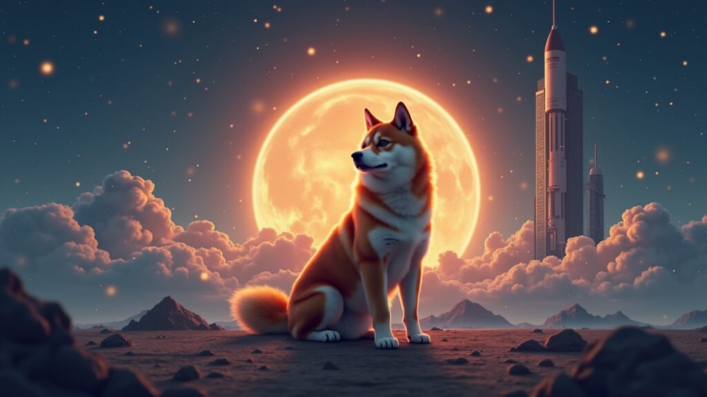 Shiba Inu center-stage with a rising launchpad, price chart indicating bottom-dip range, and a futuristic blockchain skyline.