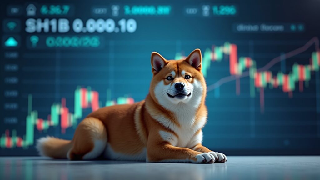 Photorealistic newsroom image: SHIB centered with a rising price chart breaking the $0.000010 threshold, highlighting whale activity.