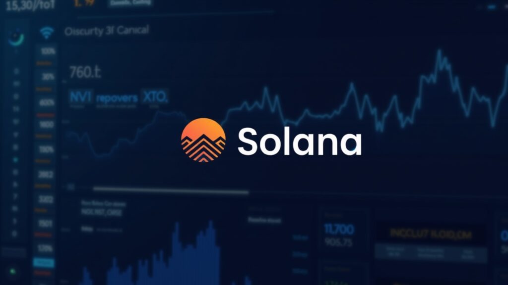 Solana logo over an on-chain dashboard showing falling exchange supply, rising staking, and active addresses.