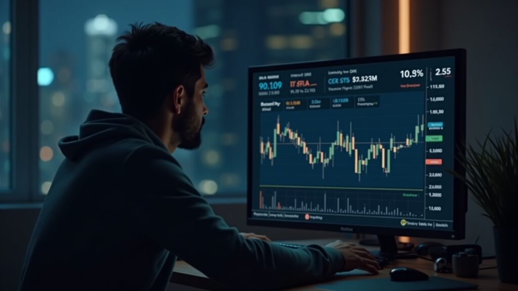 Photorealistic trader at a modern desk, monitor shows SKR price near 0.019 with a looming bear and a short-squeeze cue.