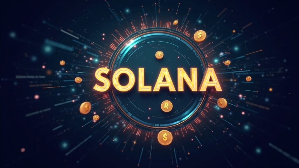 Solana logo centered, rising stablecoins and meme-coin icons, data streams and newsroom vibe, on-chain liquidity.