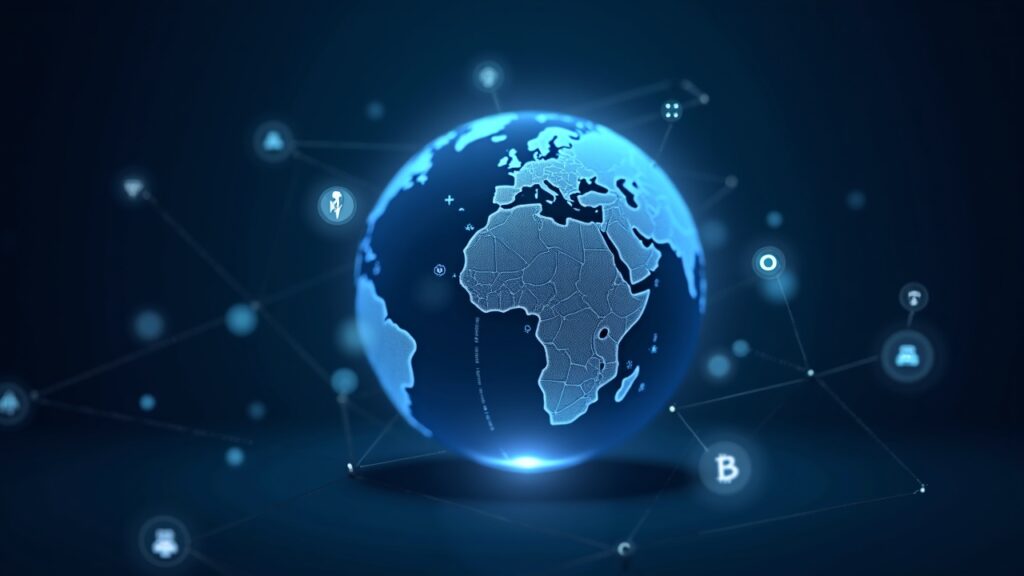 Photorealistic globe with glowing USDC and USDT tokens forming a 24/7 global payment network, with subtle regulatory icons