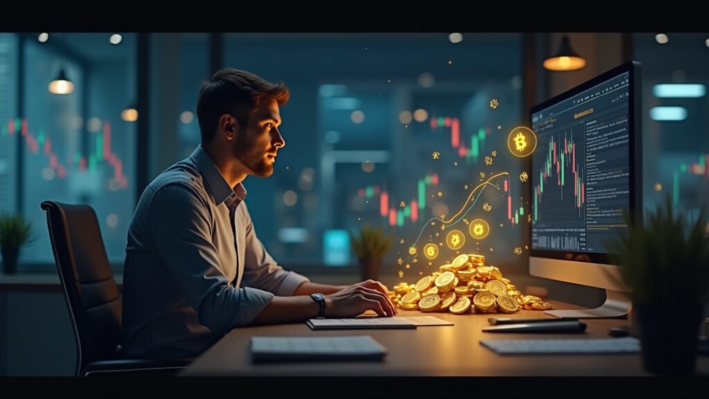 Photorealistic trader at a desk with holographic charts: shrinking stablecoins, rising tokenized gold, Bitcoin on screen.