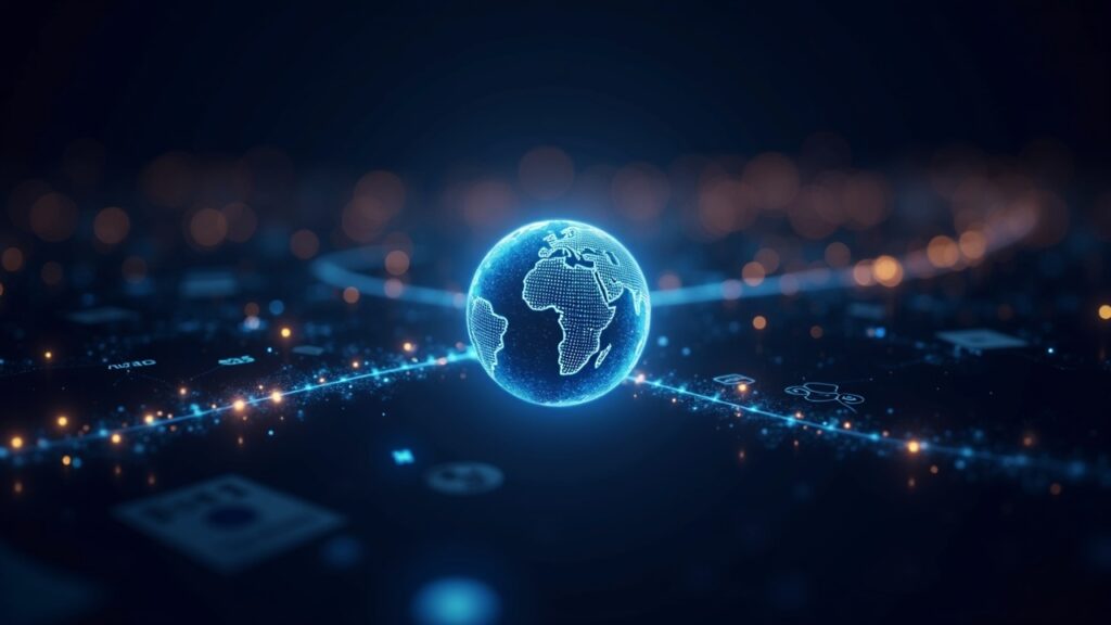 Glowing digital globe with streams representing USDC and USDT moving through a high-speed decentralized network