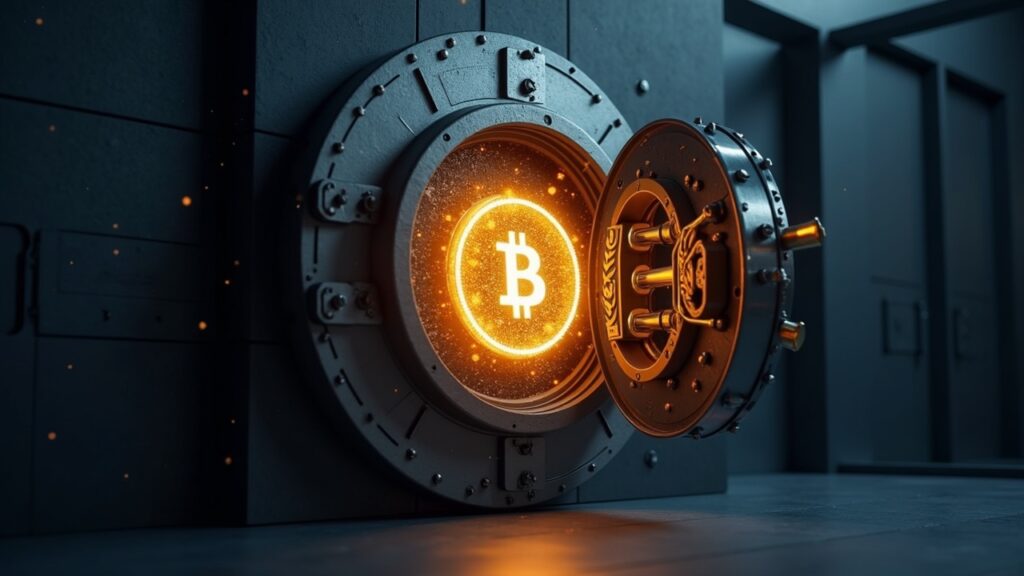 Photorealistic bank vault door morphing into a glowing stablecoin, with yield arrows in a sleek newsroom.