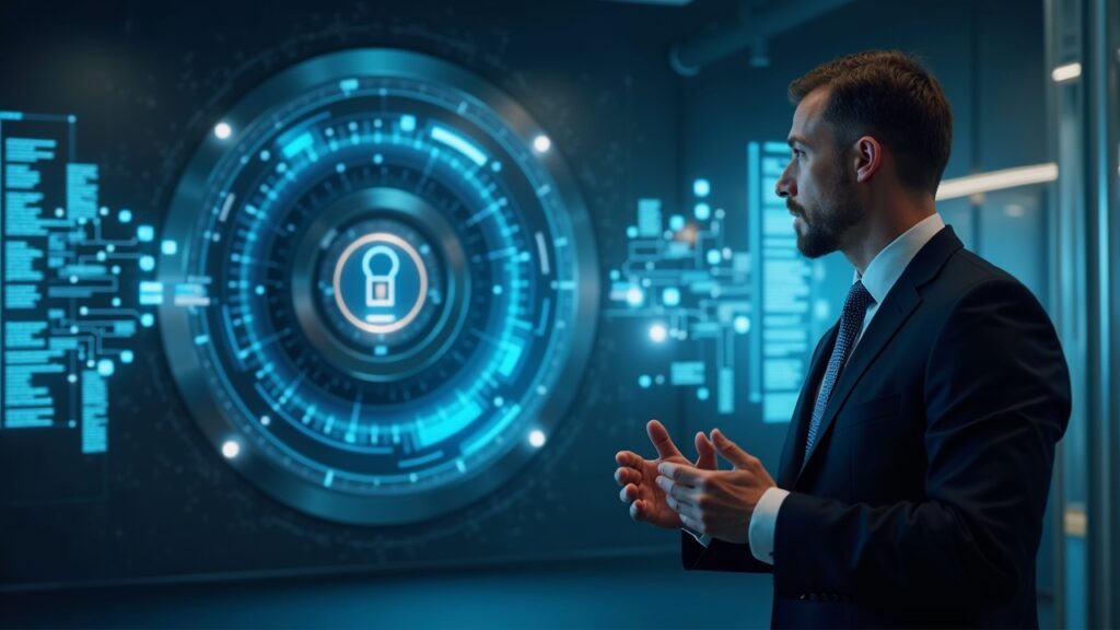 Photorealistic newsroom with a State Street executive in a sharp suit, holographic tokenized assets, and a secure vault backdrop.