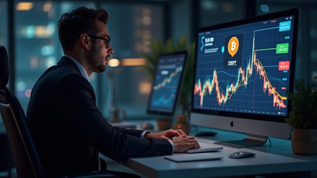 Photorealistic header: finance executive at a sleek desk, BTC charts rising, Bitcoin icons morphing debt into treasury gains.