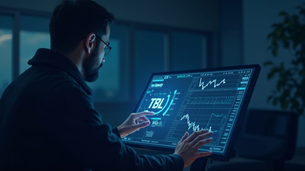 F/m Investments seeks to tokenize its 6 billion dollar Treasury ETF shares Professional analyses TBIL token on a permissioned blockchain console in a modern trading room, SEC seal in background.