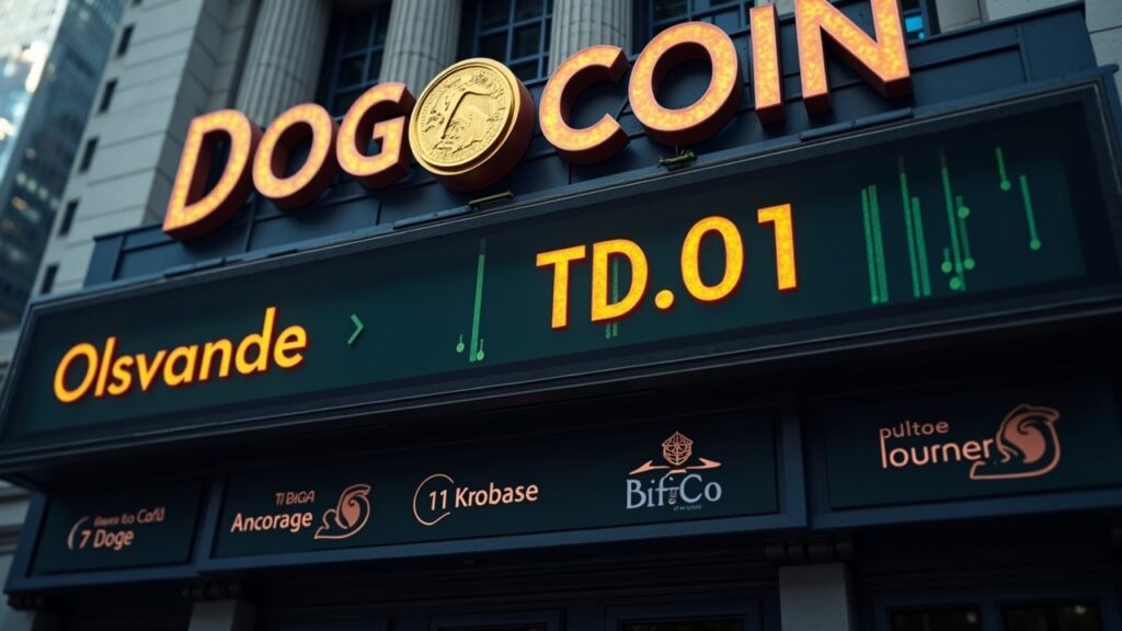 21Shares launches Dogecoin ETF TDOG on Nasdaq backed by Dogecoin Foundation Nasdaq facade with Dogecoin emblem, TDOG ticker, 1:1 exposure badge, custody logos, and House of Doge branding.