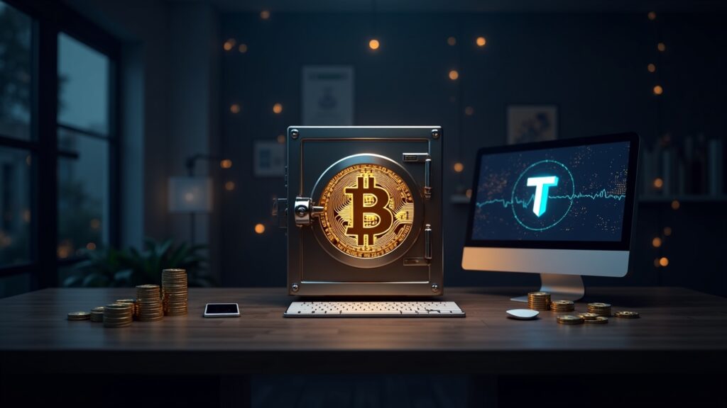 Tether boosts its reserve to 96,000 BTC after investing 800 million dollars Photorealistic corporate treasury desk with a glowing Bitcoin vault and a Tether logo on a screen, symbolizing institutional crypto reserves.