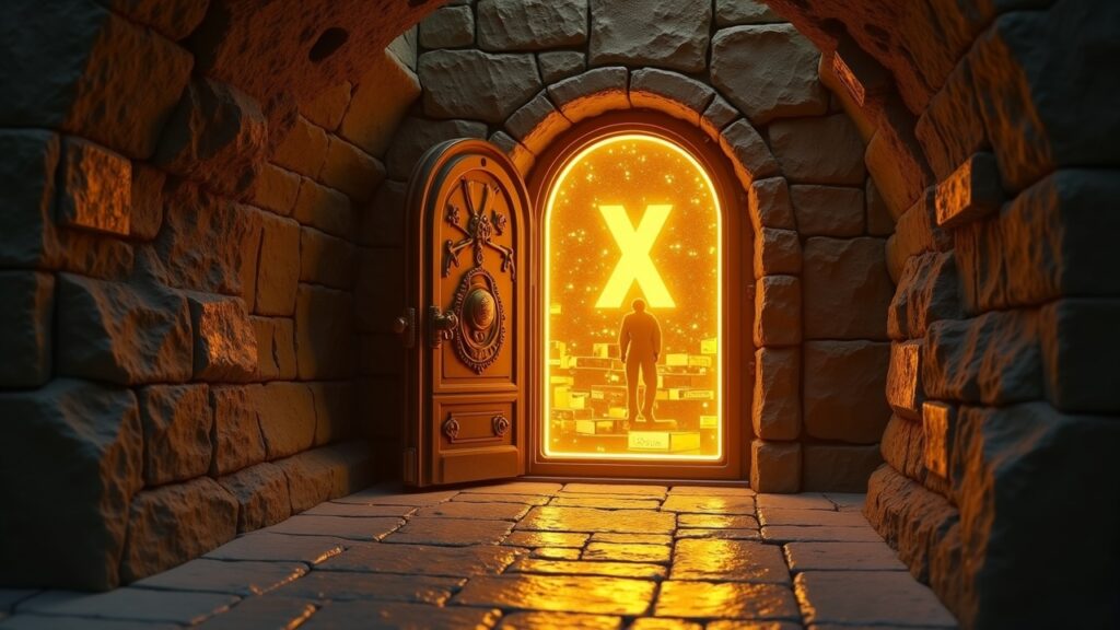 Tether accumulates 140 tons of gold in a secret bunker amid the precious metals boom Photorealistic image of a fortified Swiss bunker door with gold bars, a glowing XAUT hologram, and a corporate figure.