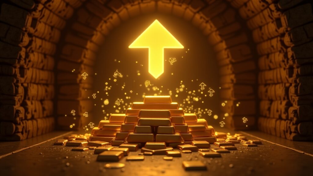 Photorealistic gold vault with bars, glowing Tether logo, and holographic USDT charts.